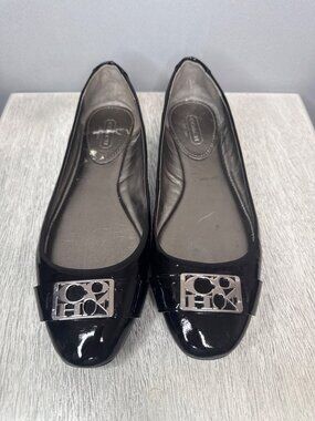 Coach Black Patent Leather Flats With Silver Logo Accent Size 6.5
